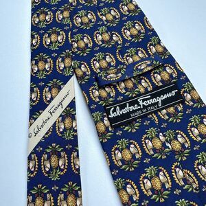 Salvatore Ferragamo Pineapples & Parrots Blue‎ Silk Tie 3.5"x57"